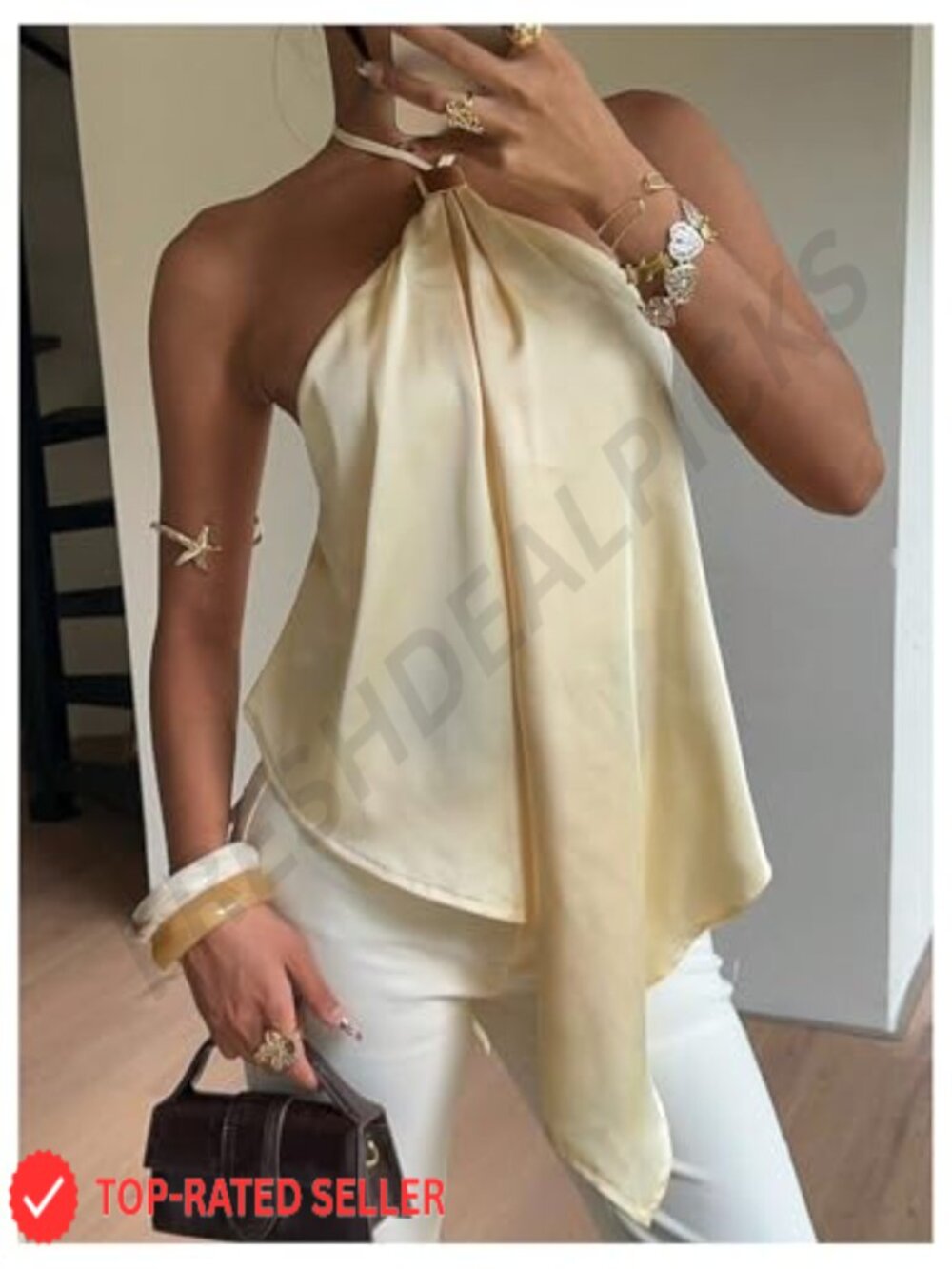 Satin Halter Cami Top Asymmetrical Ruffle Backless Tie Back Sleeveless - Picture 3 of 4